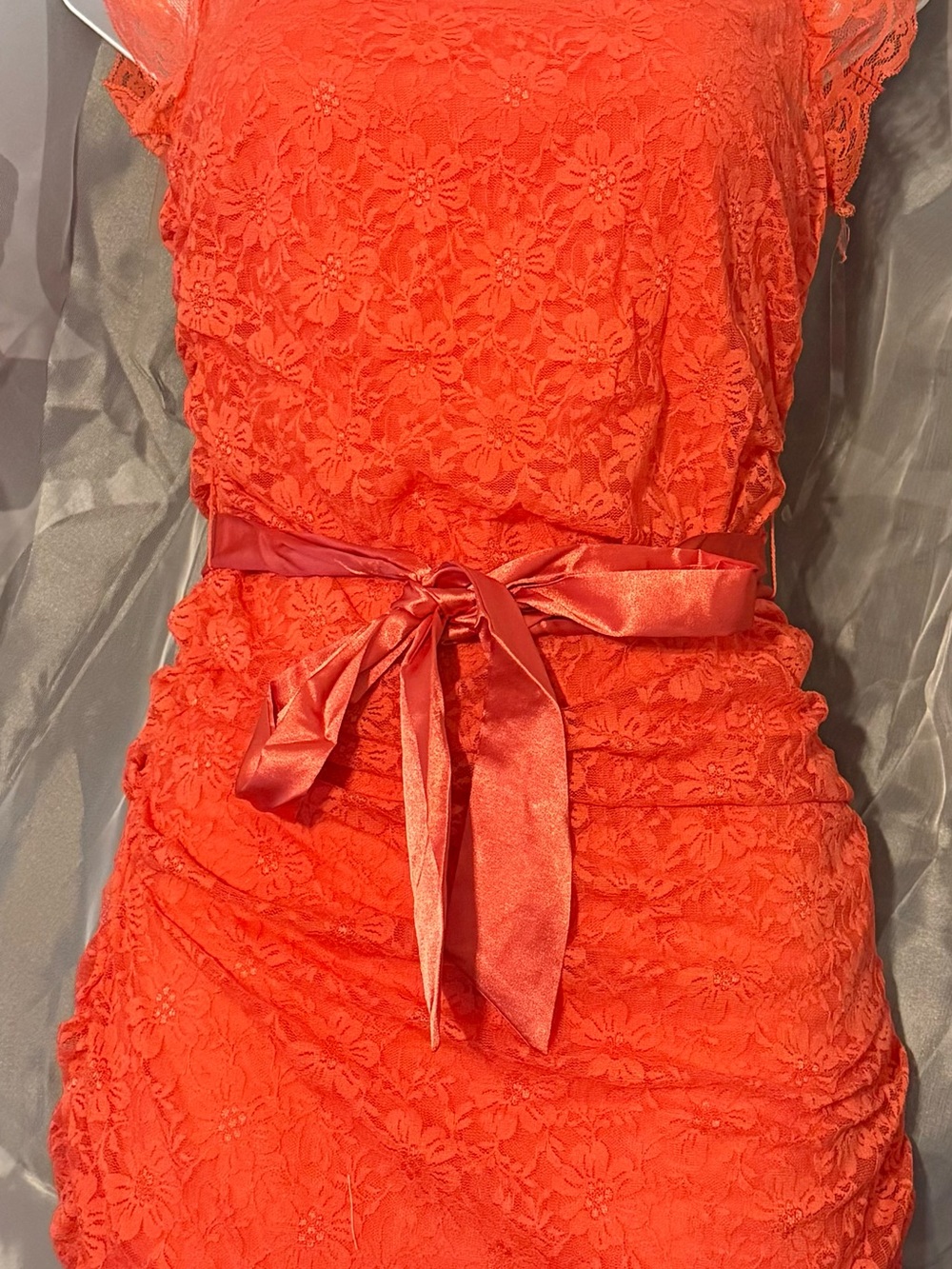 Floral Lace Mini Dress with Satin Waist Tie in Coral